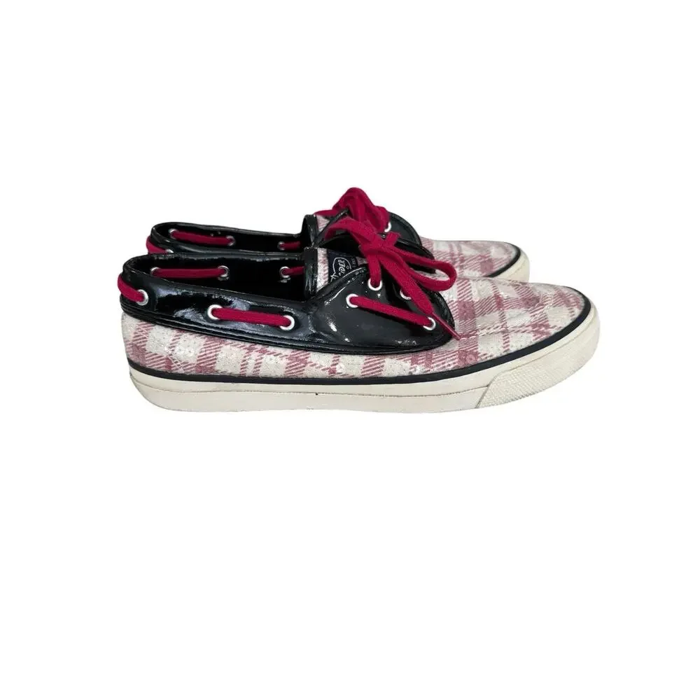 Size 9 Sperry Top Sider Seamate Red Plaid Sequins Black Patent Boat Shoes Womens